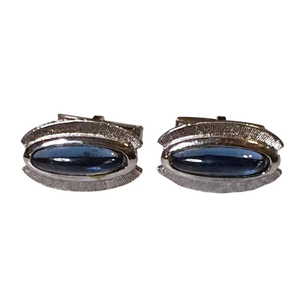 Vintage Cufflinks Mens Oval Silver Tone Blue Glass Jewel Formal Workwear